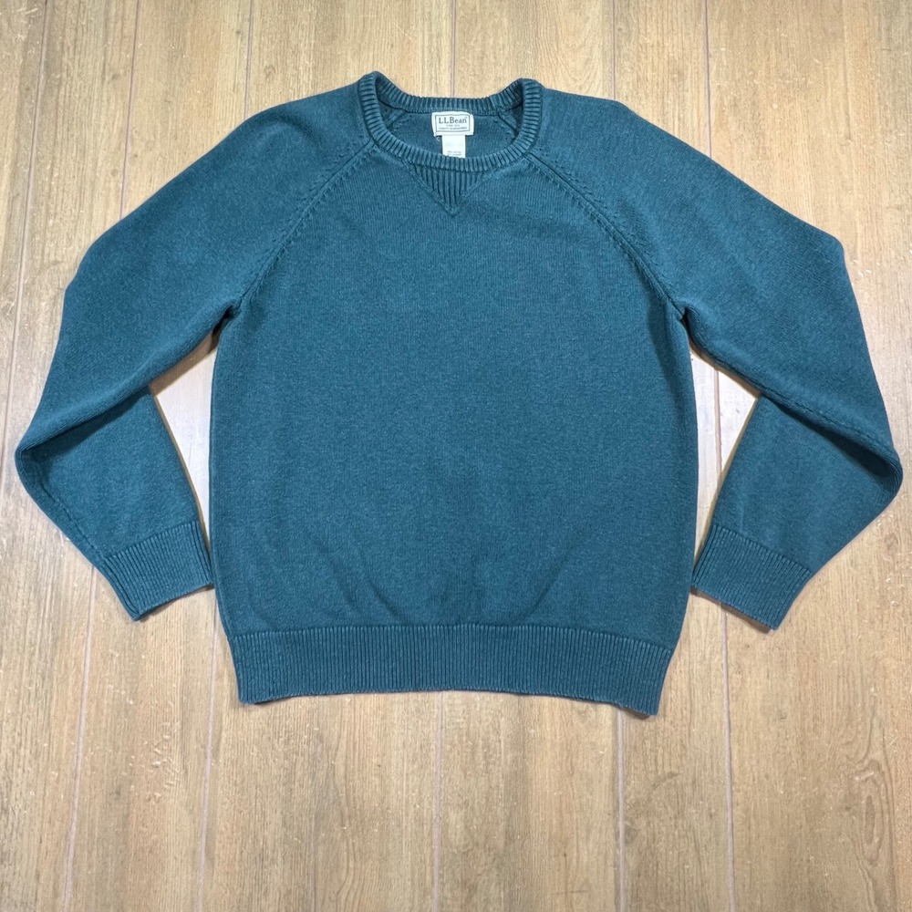 LL Bean Mens Cotton Cashmere Crewneck Sweater Teal Blue Raglan‎ 516116 S-REG